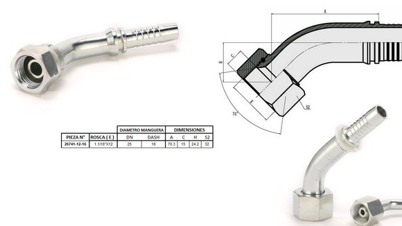 Imagen de HEMBRA CURVA 45° JIC 1.1/16'' UN X 12F 16 MANG.1''